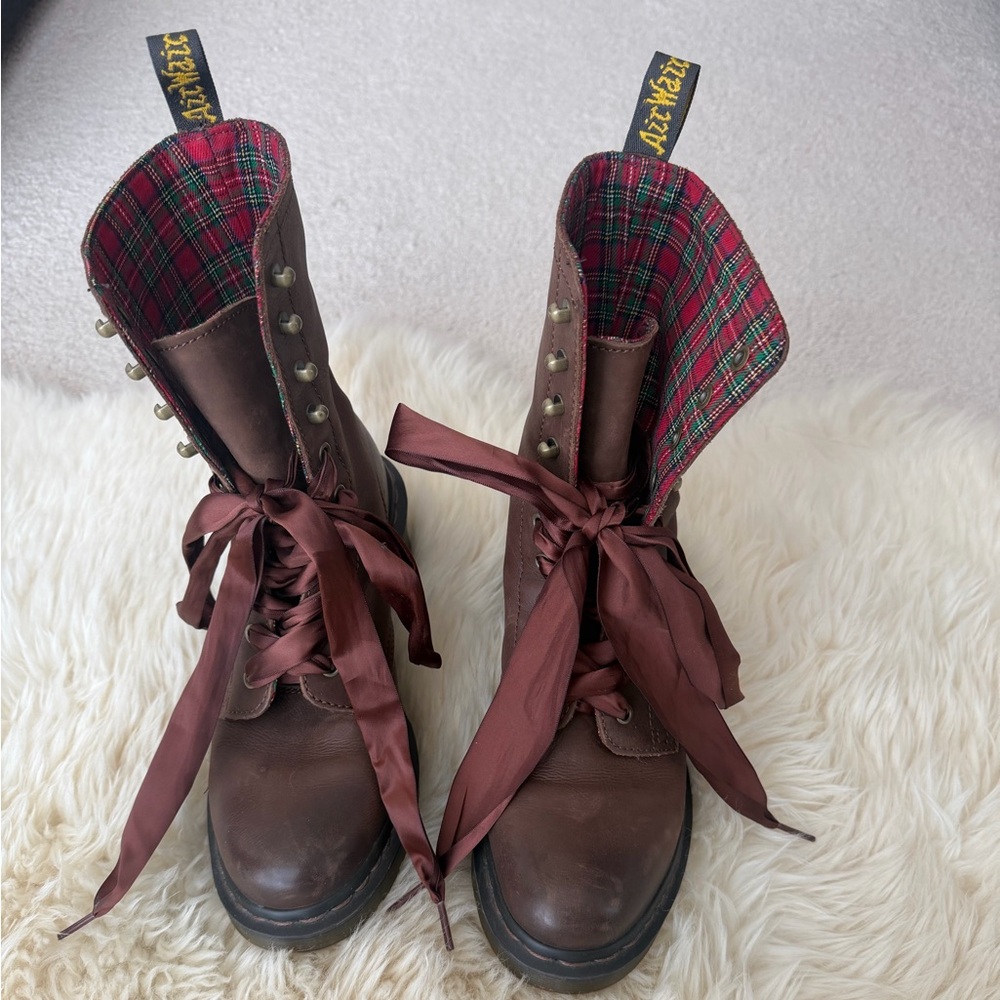 Dr. Martens Brown Combat Boots heel with Red Plaid Interior size 9